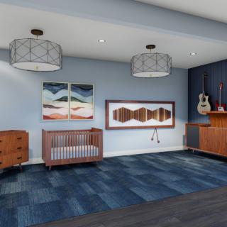 A modern nursery with a crib, stylish furniture, and decorative wall art, including guitars and contemporary lighting.