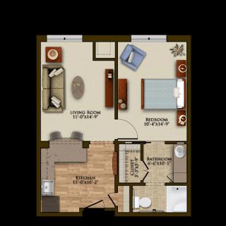 A floor plan of a one-bedroom apartment featuring a living room, kitchen, and bathroom.