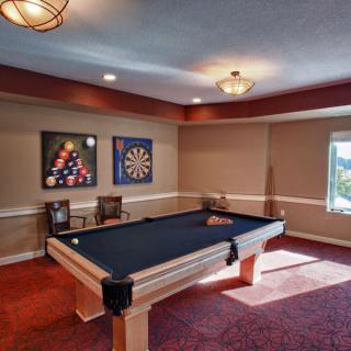 A cozy game room featuring a pool table and dartboard with vibrant carpeting and warm lighting.