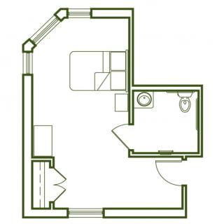 A simple floor plan depicting a small room with an attached bathroom.