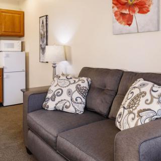 A cozy living room with a gray sofa and patterned cushions, adjacent to a small kitchen area featuring a fridge.