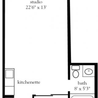 Floor plan of a studio apartment with kitchenette and bathroom.
