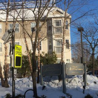 A snow-covered urban scene featuring a building surrounded by bare trees and street signs.