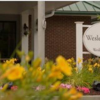 Entrance to a building with flowers and visible signage.