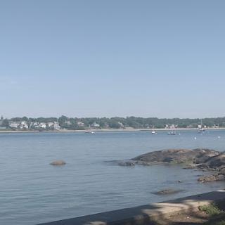 A serene view of a coastal landscape with calm waters and distant boats under a clear blue sky.