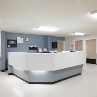 A modern and clean reception area in a medical office.