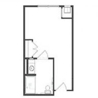 A simple floor plan of a studio apartment featuring a bathroom and kitchen area.