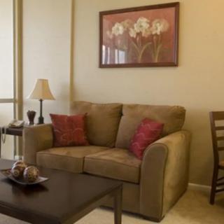 A cozy living room with a brown sofa, decorative cushions, a coffee table, and wall art.