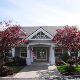 A welcoming building entrance with trees and an American flag.