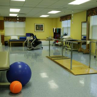 A well-equipped rehabilitation room featuring therapy balls and parallel bars.