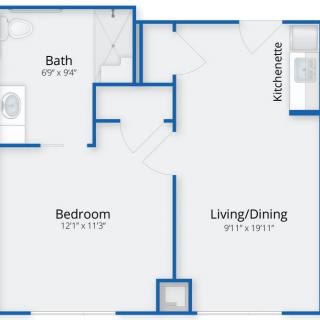 One-bedroom apartment floor plan with kitchen, living/dining area, and bathroom.