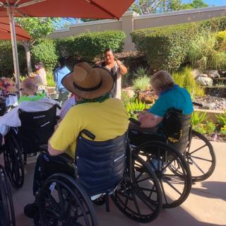 A group of people in wheelchairs enjoying a sunny day in a garden setting.