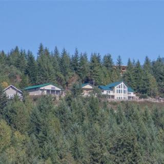 A scenic view of houses nestled among a forested hillside under a clear blue sky.