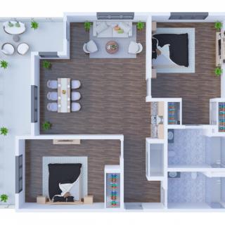 A detailed floor plan of a modern apartment featuring two bedrooms, a kitchen, dining area, and living space.