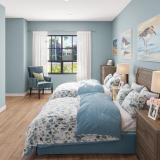 A cozy bedroom with twin beds and blue walls, illuminated by natural light.