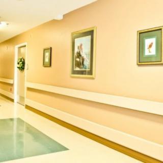 A decorated hallway in a nursing home with framed paintings on the walls.