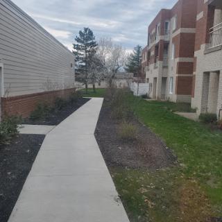 A view of a pathway between apartment buildings, surrounded by grass and trees under a cloudy sky.