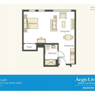 A one-bedroom apartment floor plan featuring a living room, kitchen, and bathroom.