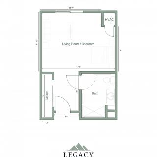 A simple floor plan layout of a small living space with labeled rooms.
