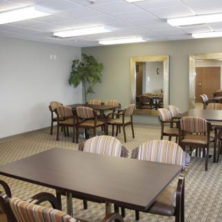 A simple dining area with multiple tables and chairs, featuring a large mirror and a potted plant for decoration.