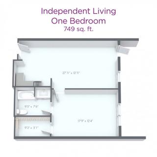 Floor plan of a one-bedroom independent living apartment, measuring 749 sq. ft.