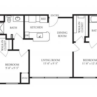 A floor plan of a two-bedroom apartment featuring a living room, kitchen, dining room, bathroom, and multiple closets.