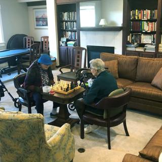 Two elderly individuals playing chess in a cozy library setting.