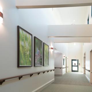 A well-lit hallway featuring framed artwork on the walls, adding a touch of elegance to the space.