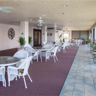 An outdoor patio with several glass tables and chairs, decorated with plants and shaded by a covered roof.