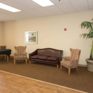 A cozy waiting room with a sofa, chairs, and a potted plant.
