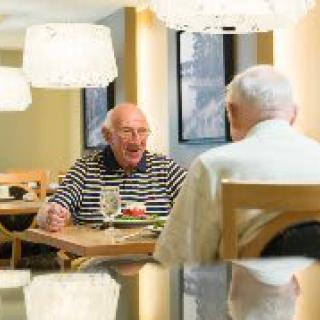 Two elderly men sharing a conversation over a meal in a cozy restaurant setting.