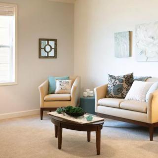 A cozy living room with a sofa, armchair, and coffee table, showcasing elegant home decor.