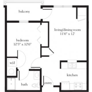 A floor plan of a one-bedroom apartment featuring a living room, kitchen, bathroom, and balcony.