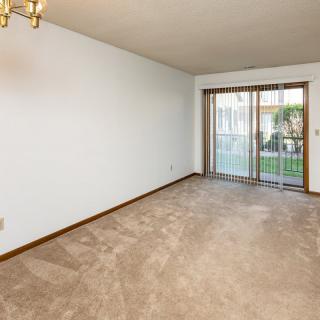 An empty living room with carpeted flooring and a sliding glass door, allowing natural light to illuminate the white walls.