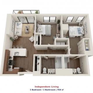 3-bedroom, 2-bathroom apartment floor plan for independent living.