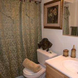 A cat sitting on the toilet tank in a decorated bathroom.