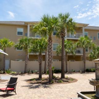 A sunny courtyard with palm trees in front of an apartment building.