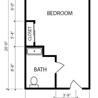 A floor plan featuring a bedroom, bathroom, and closet layout.