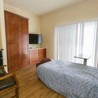 A modern bedroom with minimalist decor, featuring a single bed, wooden floors, a TV on a dresser, and large window blinds.
