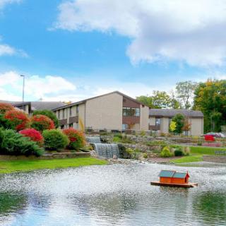 A serene view of a landscaped area featuring a tranquil pond, colorful flowers, and buildings in the background under a blue sky.