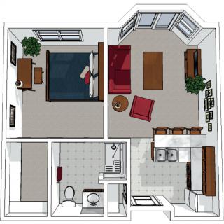 A detailed floor plan of a one-bedroom apartment featuring a living room, kitchen, bathroom, and bedroom with furniture placements.