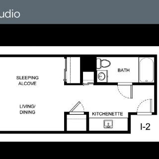 Floor plan of a studio apartment with sleeping alcove, kitchenette, living/dining area, and bathroom.