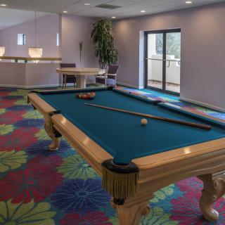 A game room featuring a pool table and colorful carpet.