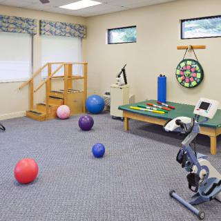 A physical therapy room equipped with exercise balls, a stationary bike, and a therapy table.