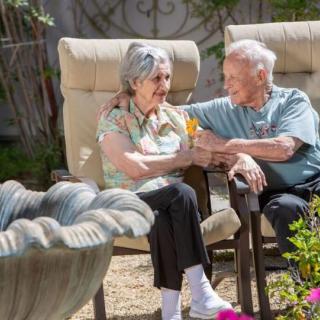 An elderly couple enjoying a conversation while sitting outdoors in a garden.