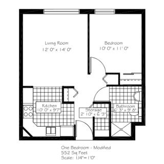 A floor plan of a one-bedroom apartment featuring a living room, kitchen, and bathroom.