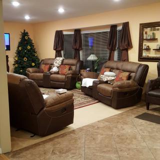 A cozy living room with leather sofas, a Christmas tree, and warm decor.