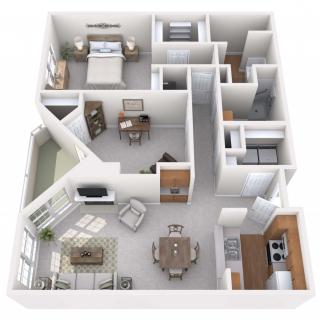 A 3D floor plan of a one-bedroom apartment featuring a kitchen, living area, dining space, and bathroom.