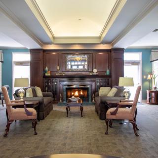 A cozy and traditional living room with a warm fireplace and elegant furniture.