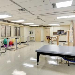 A spacious physical therapy room equipped with exercise balls and parallel bars for rehabilitation exercises.